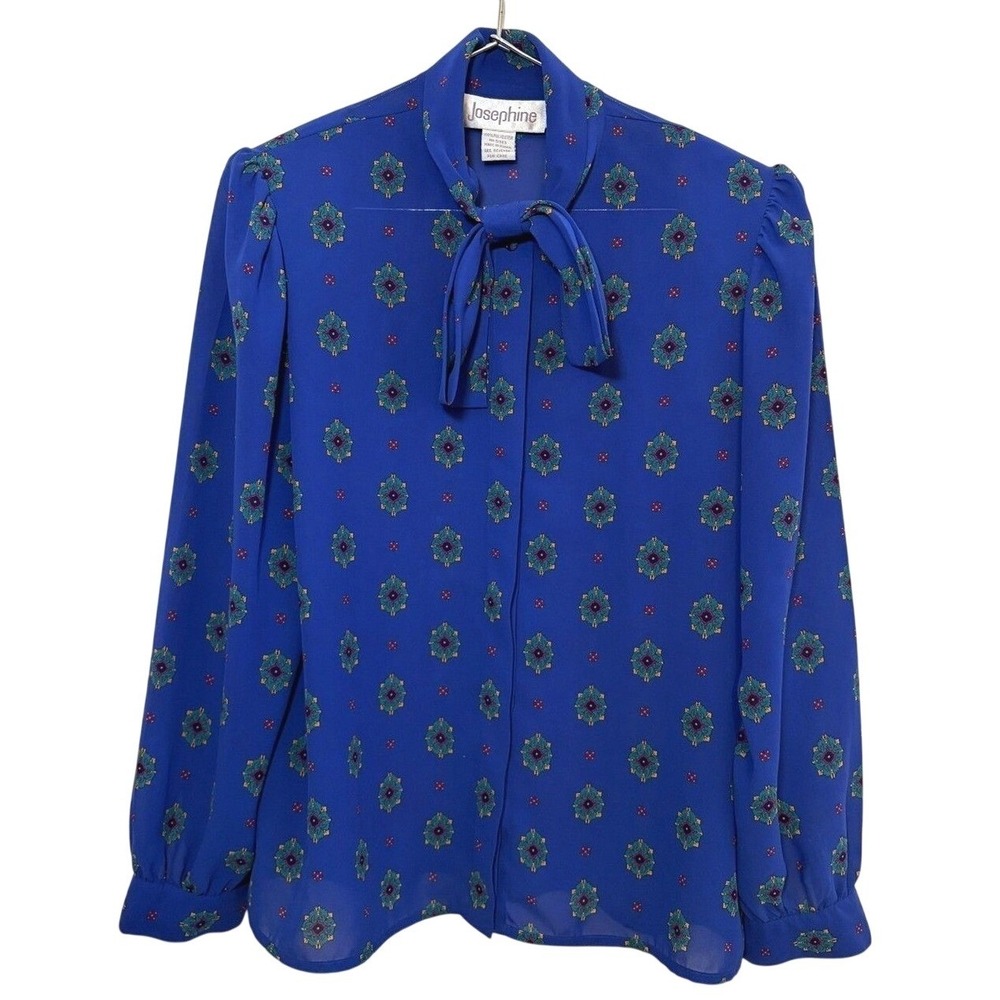 Josephine Blouse Womens 8 Blue Excellent Vintage 80s Tie Neck Medallion Print